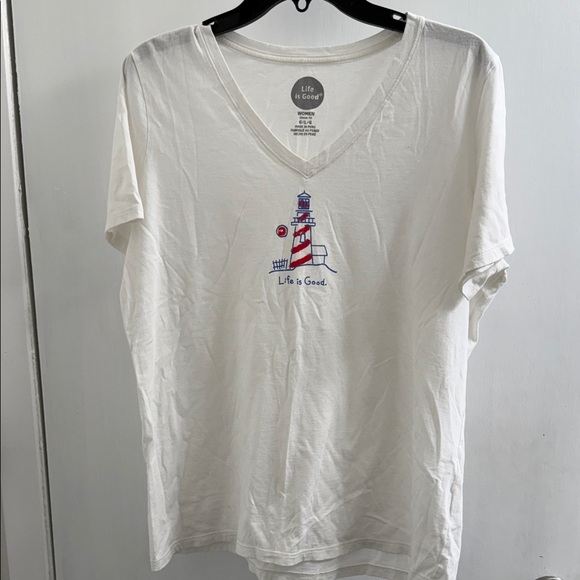 Life Is Good V-neck White Tee with Lighthouse Graphic large - Picture 1 of 4